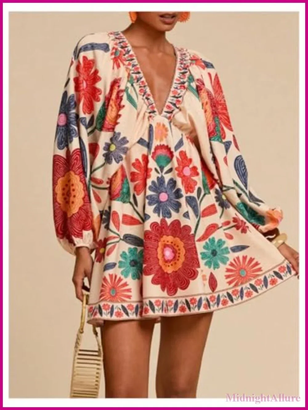 Boho Floral V Neck Mini Dress Bishop Sleeve Tie Back Vacation